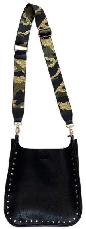 Seasonal Clearance Bags For Summer, Winter, Etc. AHDORNED BLACK VEGAN MESSENGER W/GOLD STUDS & GOLD CAMO 2" ADJUSTABLE STRAP