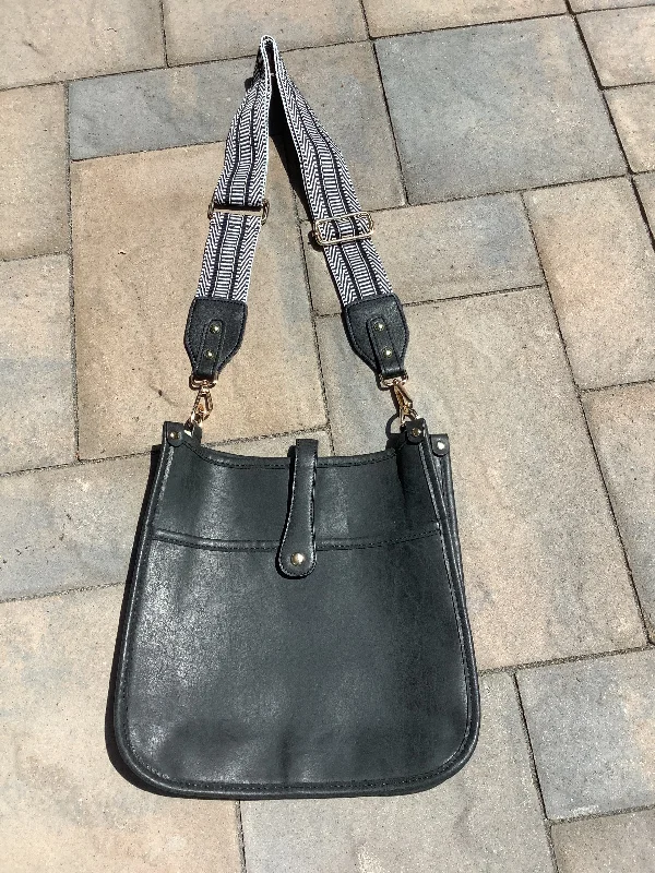 Inspired Bags For High-End Fashion Black Vegan Leather Messenger Bag w/ Black & White Varigated Strap