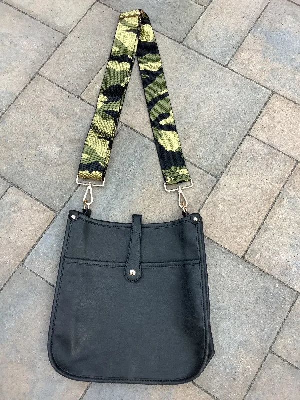 Eco-Friendly Bags With Promotions Black Vintage Vegan Leather Messenger Bag with Camo Army/Black/Metallic Gold Strap