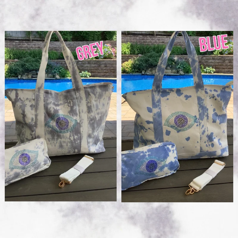 Stylish And Affordable Bags For Every Occasion Bling Evil Eye Tiedye Canvas Tote Bag, Pouch & Strap Set - Blue or Grey