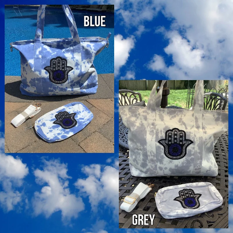 Inspired Bags For Timeless Elegance Hamsa Tiedye Canvas Tote Bag, Pouch & Strap Set - Blue or Grey