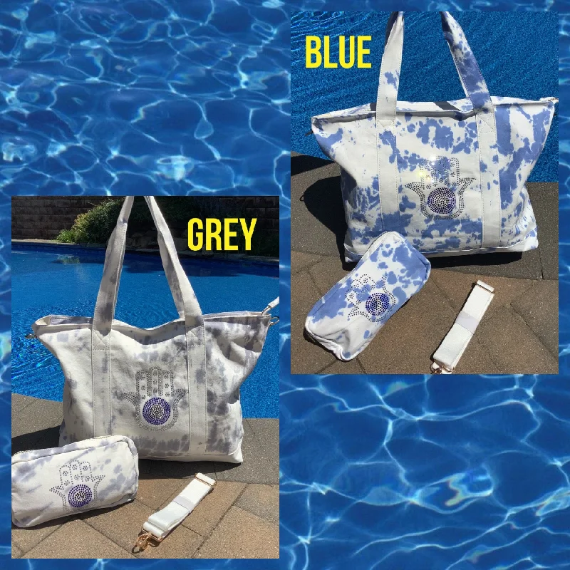 Elegant Bags For Formal Events And Luxury Occasions Bling Hamsa Tiedye Canvas Tote Bag, Pouch & Strap Set - Blue or Grey