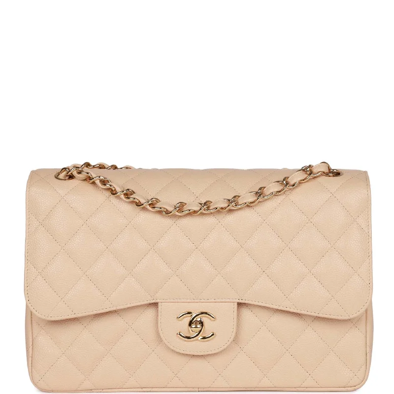 Spacious Bags With Holiday Promotions Pre-owned Chanel Jumbo Classic Double Flap Bag Beige Clair Caviar Gold Hardware