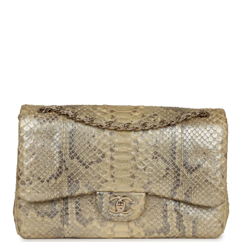 Eco-Friendly Bags For Sustainable Fashion Lovers Pre-owned Chanel Jumbo Classic Double Flap Gold Metallic Python Gold Hardware