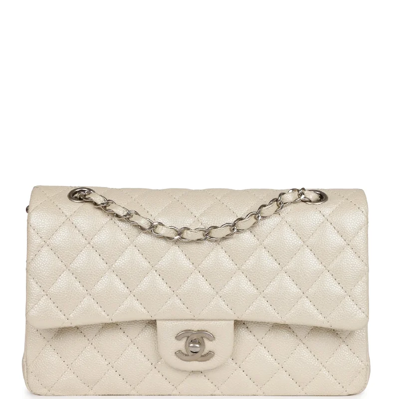 Odor-Resistant And Budget Bags Pre-owned Chanel Medium Classic Double Flap Pearlescent Ivory Caviar Brushed Silver Hardware