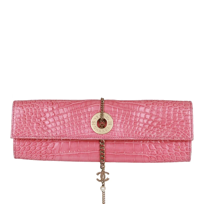 Spacious And Discounted Bags Vintage Chanel Chain Envelope Evening Clutch Bag Pink Crocodile Gold Hardware