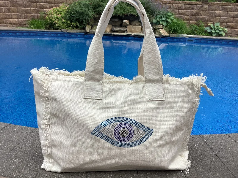 Bag Deals Evil Eye Fringe Canvas Tote -Cream