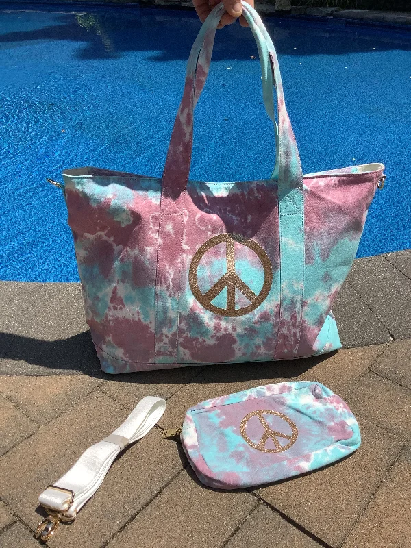 Luxury Bags Gold Glitter Peace Sign Tiedye Canvas Tote Bag, Pouch & Strap Set - Lavender/Turquoise