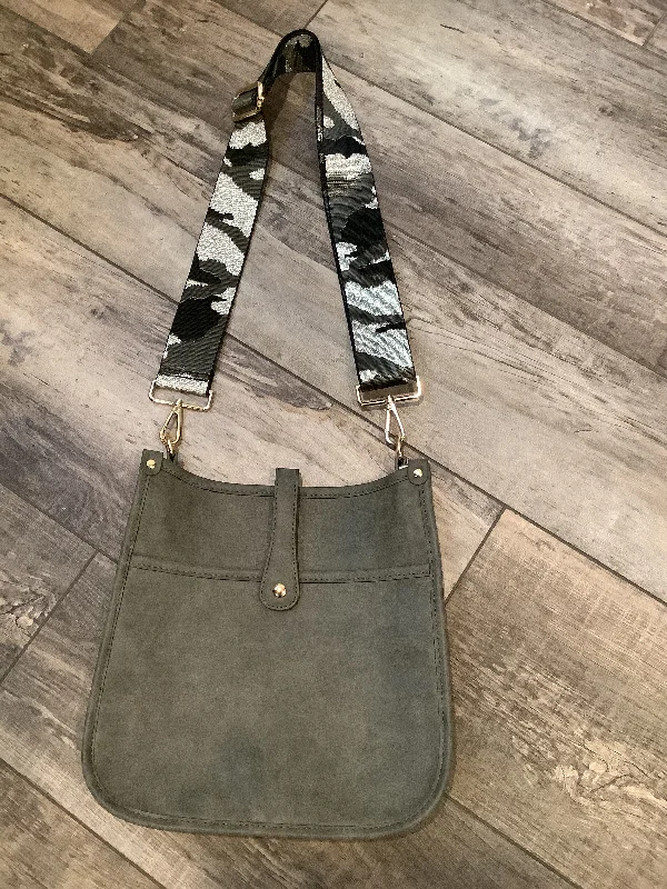 Cozy Handbags With Clearance Prices Grey Vintage Vegan Leather Messenger Bag with Camo Black/Grey/Metallic Silver Strap