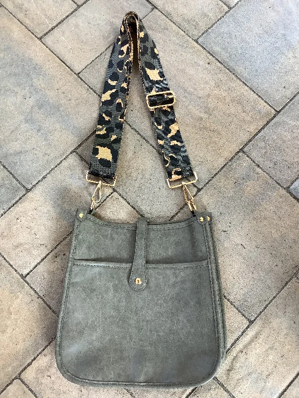 Flash Sale On Premium Bags Grey Vintage Vegan Leather Messenger Bag with Grey Leopard Strap