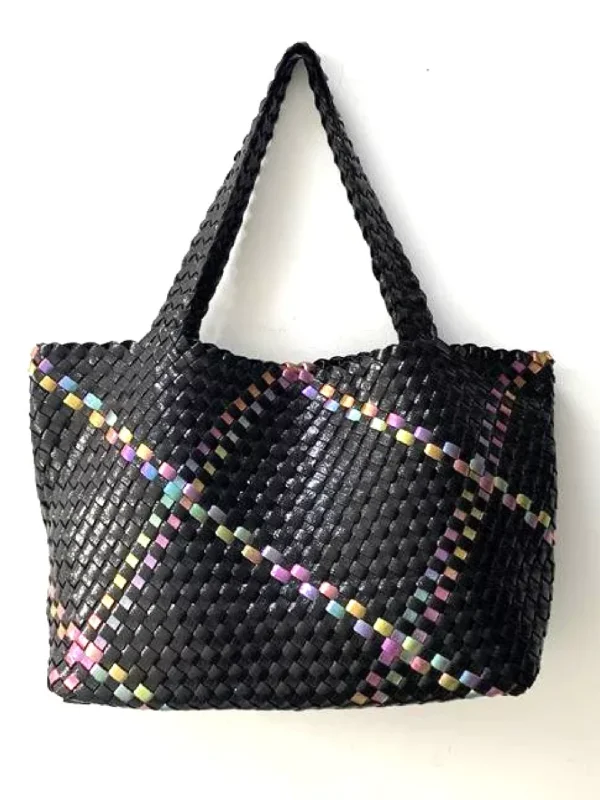 Trendy And Discounted Designer Handbags Hand Weave PU Vegan Leather Tote Bag- Black Metallic Pastel