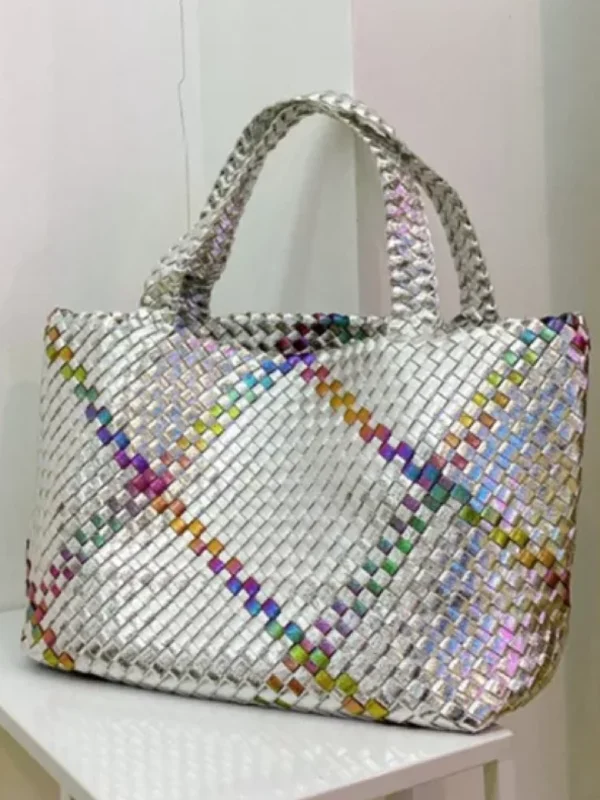 Affordable Handbags Hand Weave PU Vegan Leather Tote Bag- Silver Metallic Pastel