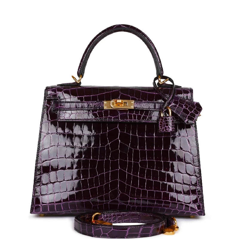 Cyber Monday Discounts On Bags Hermes Kelly Sellier 25 Aubergine Shiny Niloticus Crocodile Gold Hardware