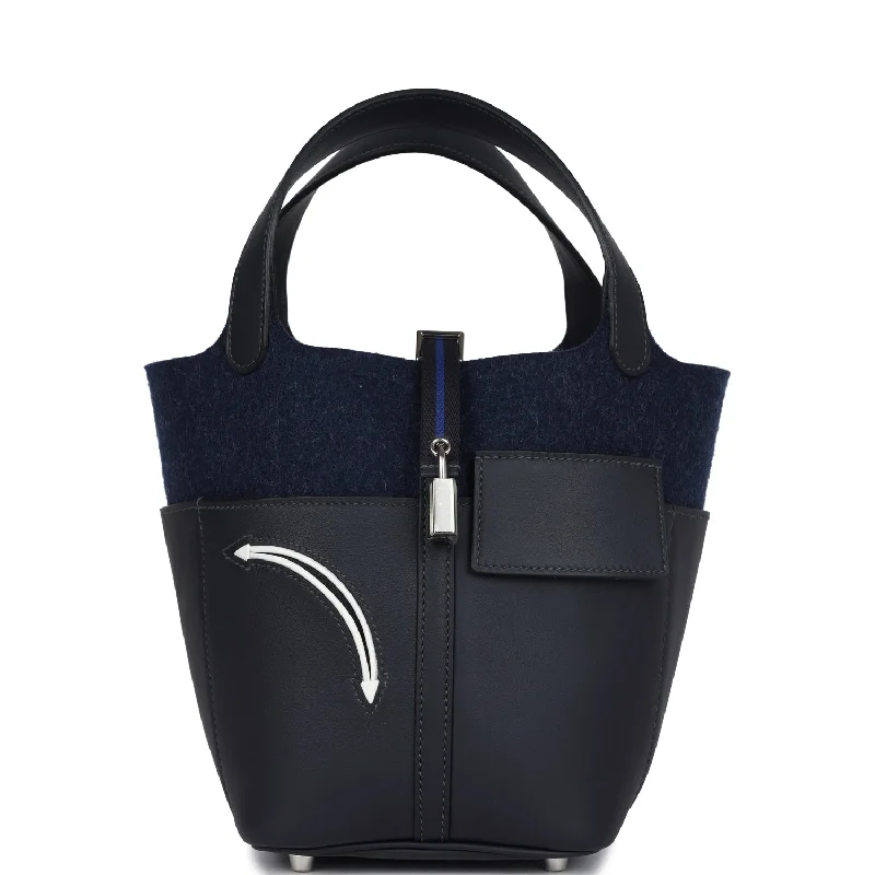 High-Quality Bags Hermes Picotin Lock 18 “Go Team” Bleu Nuit Wool Felt and Caban Swift Palladium Hardware