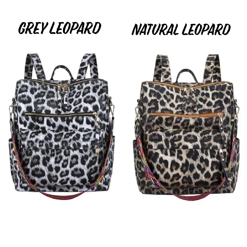 Functional Bags For Busy Moms And Dads Leopard Vegan Leather Convertible Backpack - Grey or Tan