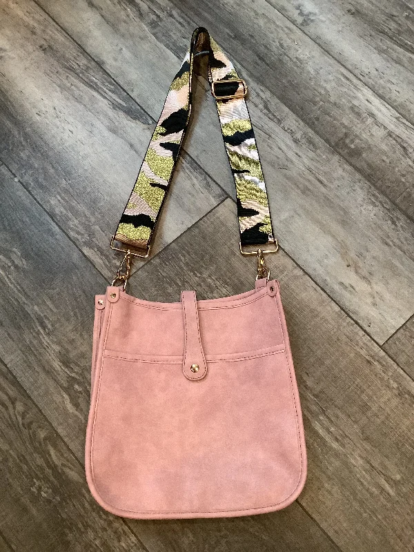 Glamorous Bags For Evening Events And Parties Light Pink Vintage Vegan Leather Messenger Bag with Pink/BlackMetallic Gold Camo Strap