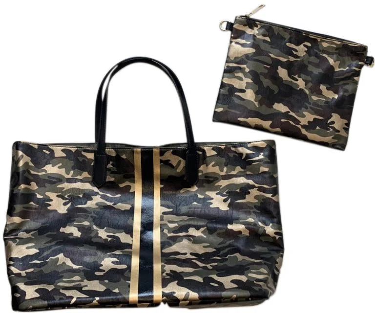 Bags For Personalized Gifts METALLIC CAMO TOTE W/STRIPE & PULL OUT INTERIOR CROSS BODY - GOLD CAMO