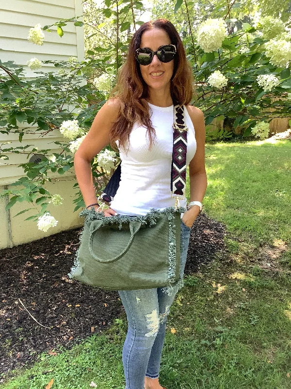 Affordable Bags For Budget Shoppers Olive Small Fringe Canvas Tote With Abstract Strap