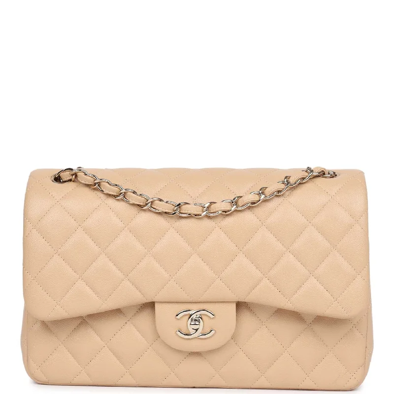 Stylish Bags For Fashion Bloggers With Promotions Pre-owned Chanel Jumbo Classic Double Flap Bag Light Beige Caviar Gold Hardware