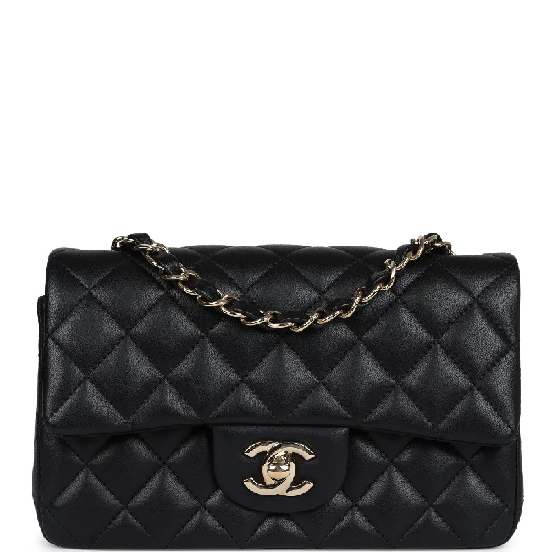 Evening Events Pre-owned Chanel Mini Classic Rectangular Flap Bag Black Lambskin Light Gold Hardware