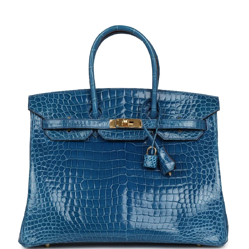 Luxurious Bags With Limited-Time Offers Pre-owned Hermes Birkin 35 Bleu Mykonos Shiny Porosus Crocodile Gold Hardware