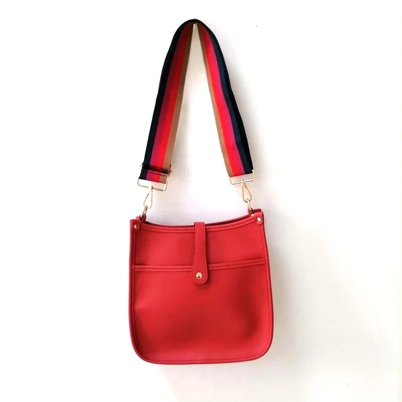 Sleek And Seasonal Sale Bags Red Vegan Leather Messenger Bag with Multi Stripe Strap ❤️