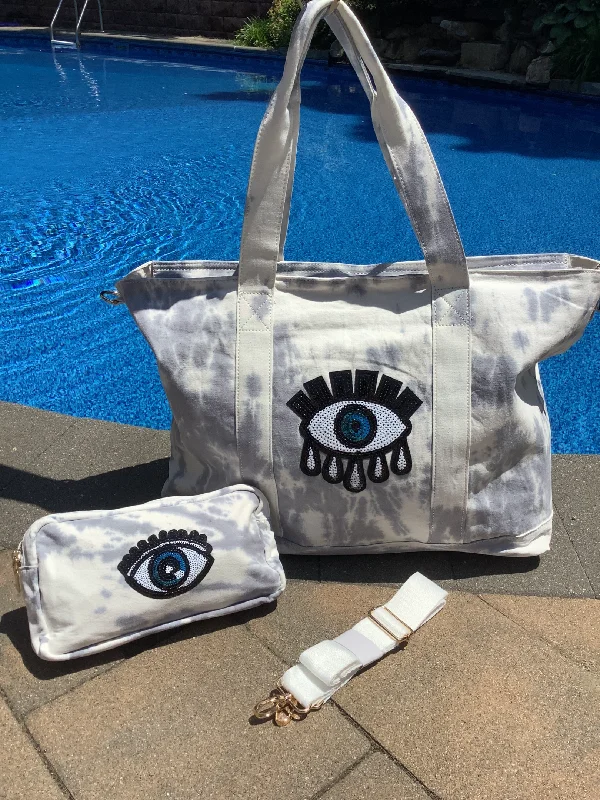 Stylish Bags For Fashion Bloggers Sequin Evil Eye Tiedye Canvas Tote Bag, Pouch & Strap Set - Grey