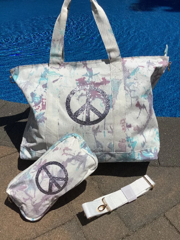 Office Professionals Silver Glitter Peace Sign Tiedye Canvas Tote Bag, Pouch & Strap Set - Lavender/ Turquoise