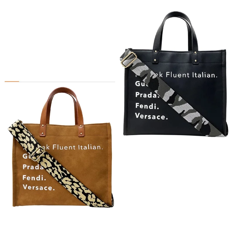 Festive Holiday Gift Bags Speak Italian Vegan Leather Tote w/ Strap - Camel or Black