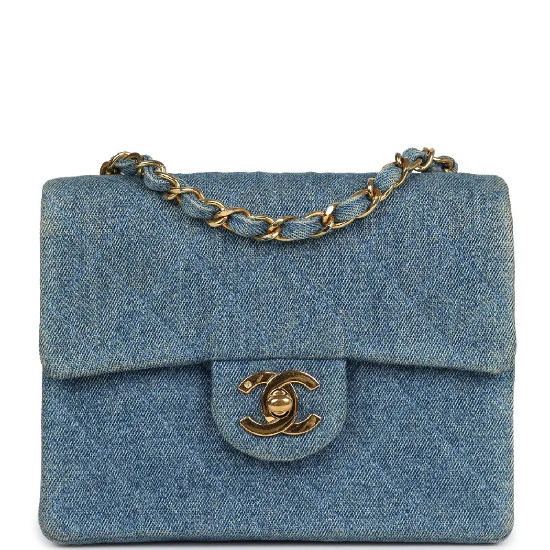 Festive Holiday Gift Bags Vintage Chanel Mini Square Flap Bag Blue Denim Gold Hardware