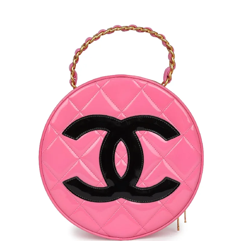 Lightweight Bags With Clearance Prices Vintage Chanel Round Vanity Bag Pink and Black Patent Leather Antique Gold Hardware