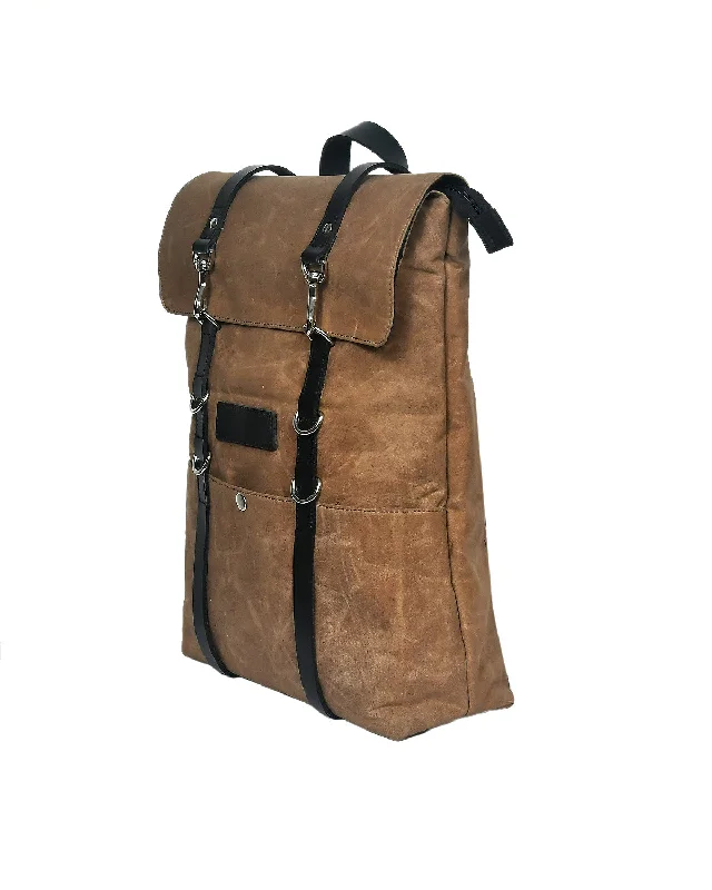 Holiday Gift Bags For Christmas Elegant Brown Canvas and Leather Backpack. Art: BG-1140