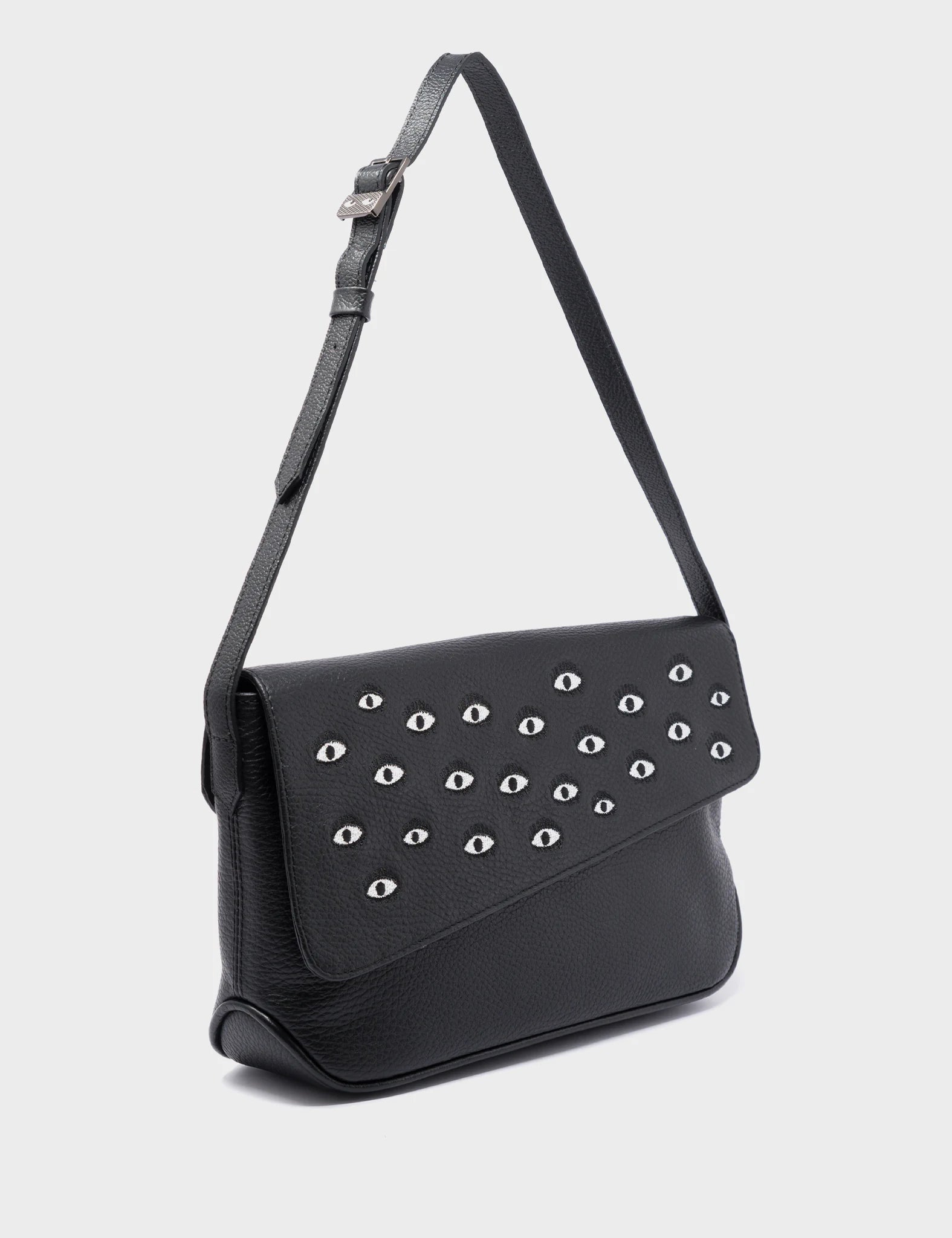 Tote Bag For Everyday Use Bruno Medium Black Leather Shoulder Bag - All Over Eyes Embroidery