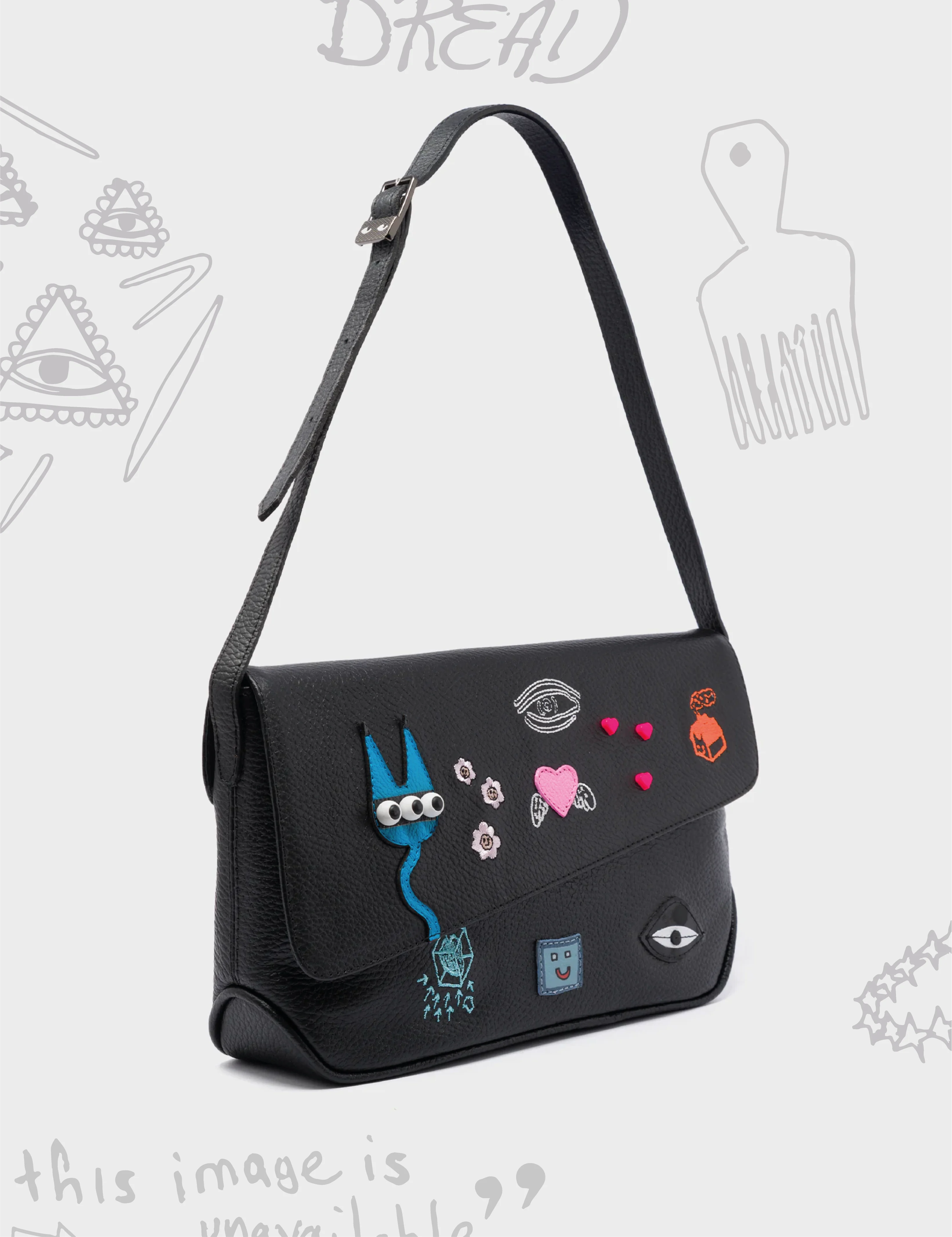 Senior Travelers Bruno Medium Black Leather Shoulder Bag - Urban Doodles Design