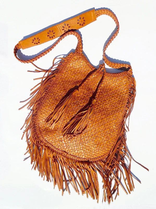 Cyber Monday Discounts On Bags Hand Woven Leather Shoulder Cross Body Bag And Fringe Cognac