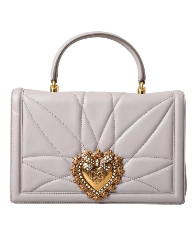 Luxury Bags For Working Professionals Dolce & Gabbana Light Gray Devotion Gold Heart Leather Shoulder Bag