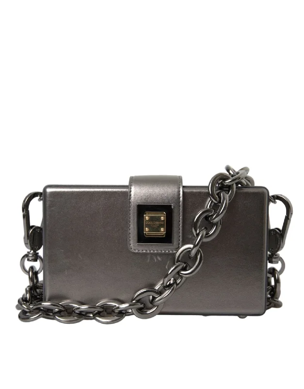 Tote Bag For Office Use Dolce & Gabbana Metallic Gray Calfskin Leather DG BOX Shoulder Bag