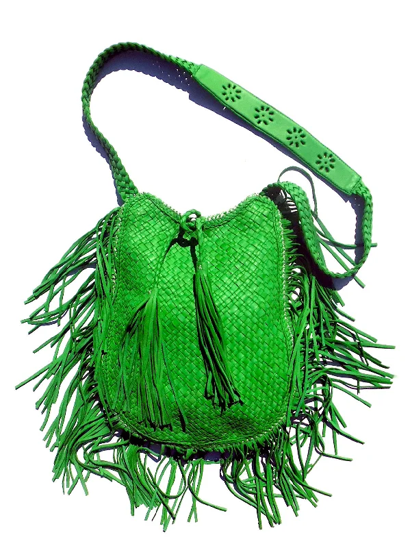 Bold Fashionistas Hand Woven Leather Shoulder Crossbody Bag And Fringe Green