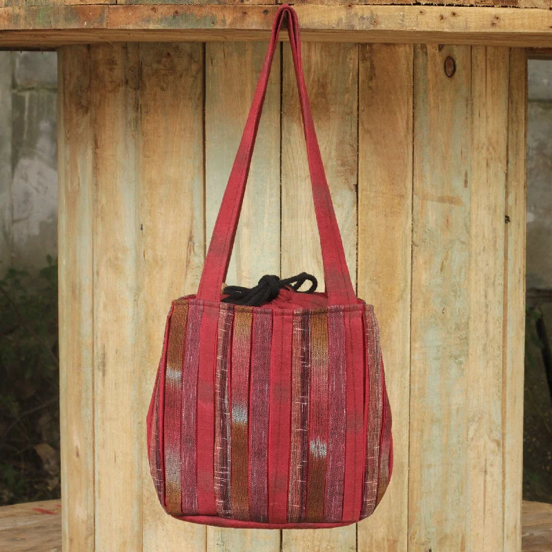 Luxury Seekers Hand Woven Red Ikat Style Cotton Shoulder Bag with Pockets - Orient Red