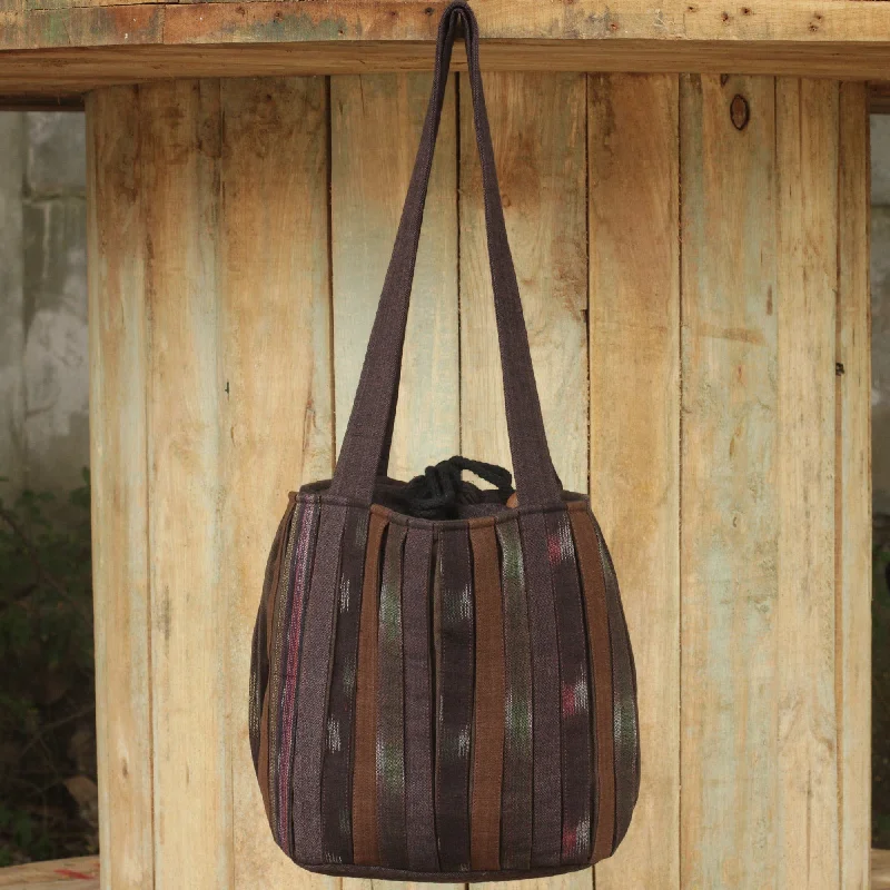 Minimalist Leather Bag For Modern Aesthetics Ikat Style Hand Woven Cotton Shoulder Bag with Pockets - Oriental Dark Brown