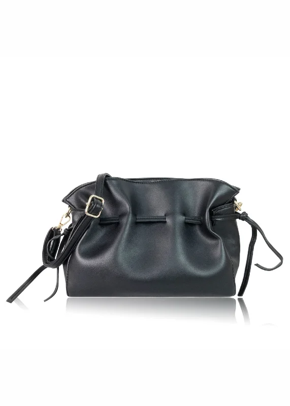 Festive Holiday Gift Bags SURF SHOULDER BAG WITH DRAWSTRING DETAIL IN BLACK FAUX LEATHER