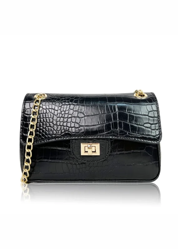 Eco-Friendly Bags With Promotions CALYPSO SHOULDER BAG WITH CHAIN AND BUCKLE DETAIL IN BLACK CROCO