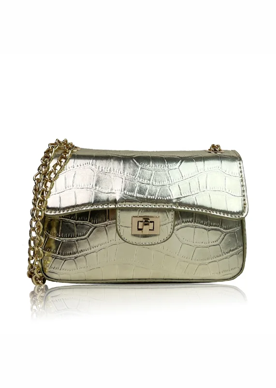 Stylish Bags With Discounts CALYPSO SHOULDER BAG WITH CHAIN AND BUCKLE DETAIL IN GOLD CROCO