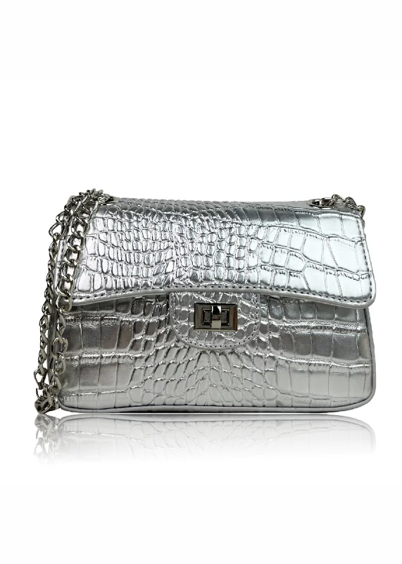 Professional Bags With Office Discounts CALYPSO SHOULDER BAG WITH CHAIN AND BUCKLE DETAIL IN SILVER CROCO