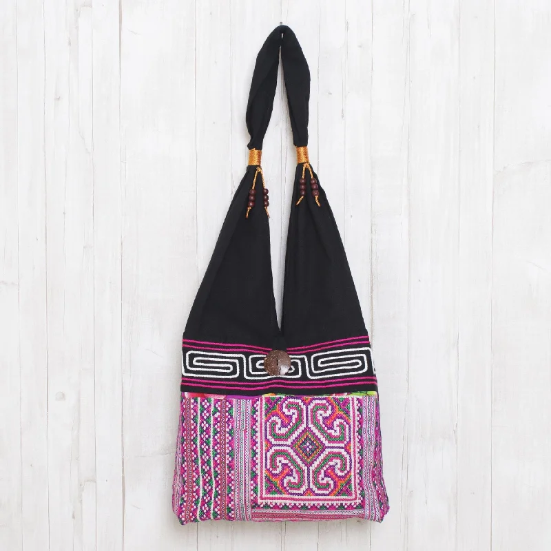 Spacious And Discounted Bags Pink and Black Boho-Chic Cotton Shoulder Bag from Thailand - Thai Brilliance