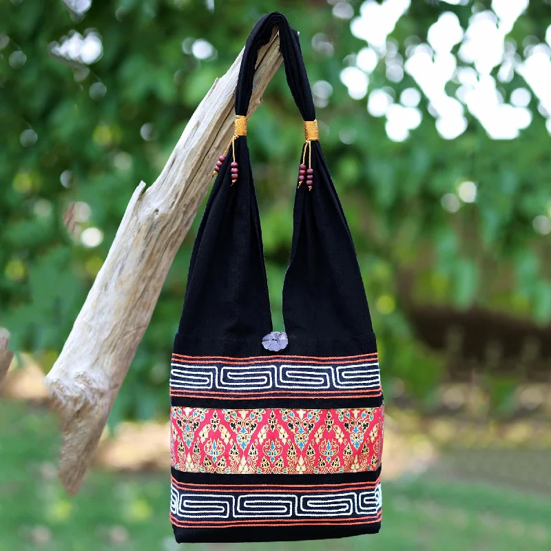 Vintage-Inspired Red and Black Cotton Blend Shoulder Bag from Thailand - Charming Thai in Red