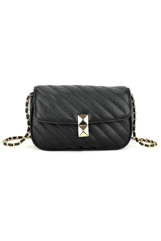 Halloween-Themed WAVE SHOULDER BAG WITH STITCHING AND CHAIN DETAIL IN BLACK FAUX LEATHER