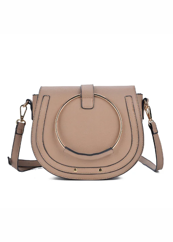 Designer Bags For Luxury Collectors With Offers GEM SHOULDER BAG WITH GOLDEN CIRCLE DETAIL IN TAUPE FAUX LEATHER