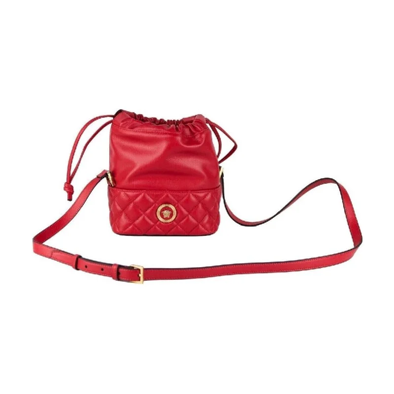 Trendy And Discounted Designer Handbags Versace Red Quilted Leather Drawstring Shoulder Bag Bucket Crossbody Handbag