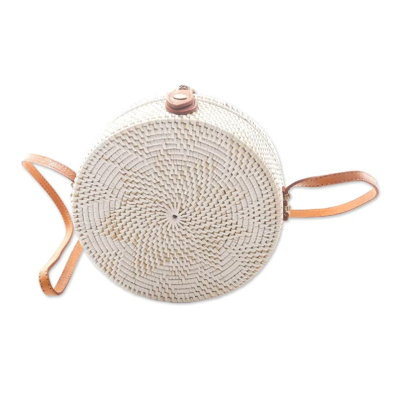 Bag Deals White Flower Pattern Round Woven Bamboo Shoulder Bag - White Flower